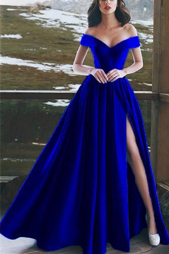 Elegant V-neck Off The Shoulder Long Satin Prom Dresses With Slit DME43