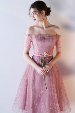 Off the Shoulder A-Line Lace Cap Sleeve Short Prom Dress,Homecoming Dresses DM385