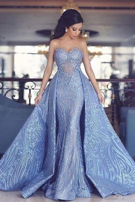 Sweetheart Mermaid Prom Dress With Detachable Train,Blue Evening Dress – Demodresses Sweetheart Mermaid Prom Dress With Detachable Train,Blue Evening Dress – Demodresses