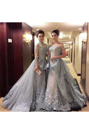 Ball Gown Princess Long Sleeves Tulle Gray Long Formal Prom Dress DM815