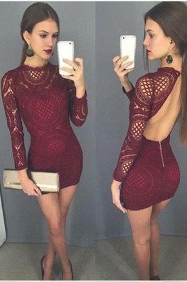 Sexy Open Back Lace Short Tight Long Sleeves Homecoming Dresses DME45