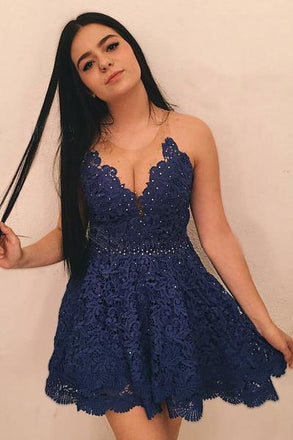 Fashion A-Line Round Neck Dark Blue Lace Short Homecoming Dress with Beading DMB13