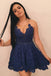 Fashion A-Line Round Neck Dark Blue Lace Short Homecoming Dress with Beading DMB13