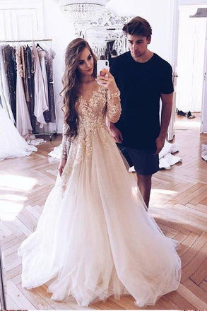 A-Line Long Sleeves Tulle Prom Dress with Appliques, Wedding Dresses DMF18