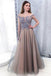 Cap Sleeves Bateau Long Tulle Beading Prom Dress with Appliques DMH29