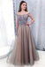 Cap Sleeves Bateau Long Tulle Beading Prom Dress with Appliques DMH29