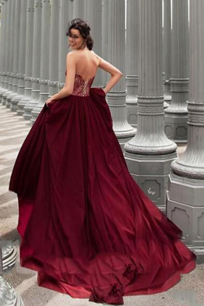 Glamorous A-Line Strapless Burgundy Long Chiffon Prom Dress With Lace DM855