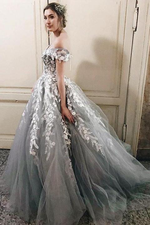 Off the Shoulder Grey Tulle Applique Charming Cheap Long Ball Gown Prom Dress DME48