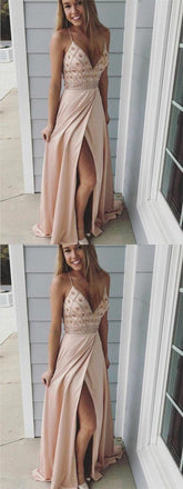 Sexy Spaghetti Straps Beaded Long A-Line Side Slit Prom Dresses DME40