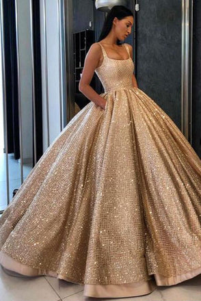 Beading Sequins Gold Ball Gown Prom Dress with Pockets,Long Quinceanera Dresses DME59