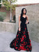 A-Line Spaghetti Straps Black Sweep Train A Line Prom Dress with Flowers DMI74