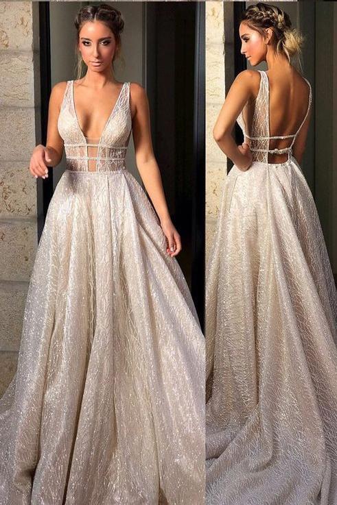 Sparkly Deep V Neck Wedding Dress Bridal Gown,Sequin Prom Dresses DMF60
