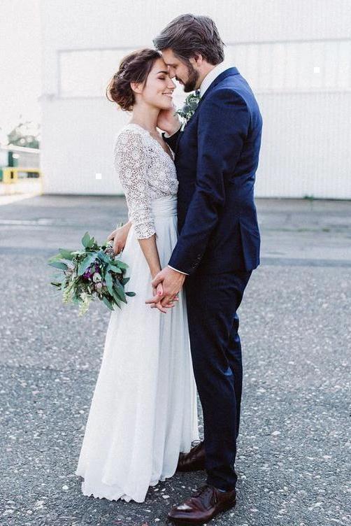 3/4 Sleeves Chiffon Beach Wedding Dress with Lace, V Neck Backless Bridal Dress DMN90