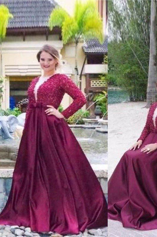 A-Line V-neck Long Sleeves Beading Plus Size Prom Dresses DMF38