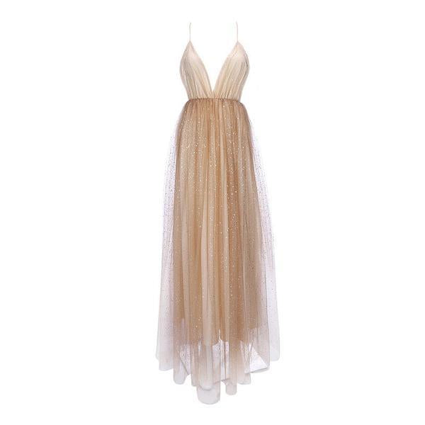 Charming A Line V Neck Spaghetti Straps Sequin Long Prom Dress DME44