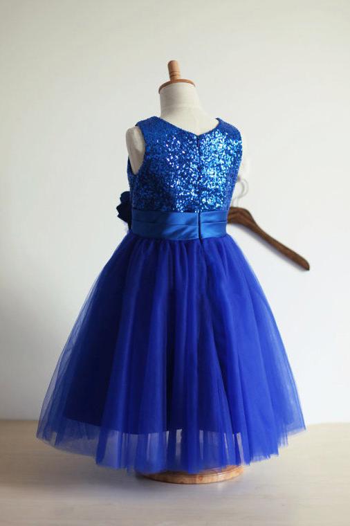 Royal Blue A-line Jewel Sleeveless Tulle Sequin Long Flower Girl Dresses DM703