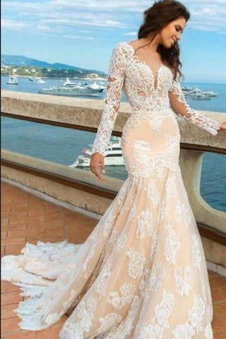 Lace Mermaid Deep V-Neck Backless Long Sleeves Backless Wedding Dress Demodresses Lace Mermaid Deep V-Neck Backless Long Sleeves Backless Wedding Dress Demodresses