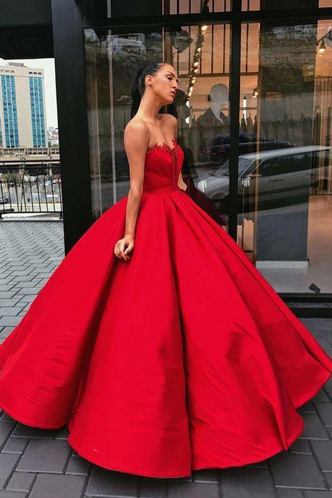 Charming Red Sweetheart Strapless Satin Ball Gown Prom Dresses DM692