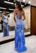 Blue Plunging V-Neck Sequins Appliques Mermaid Prom Dress with Slit DMP253
