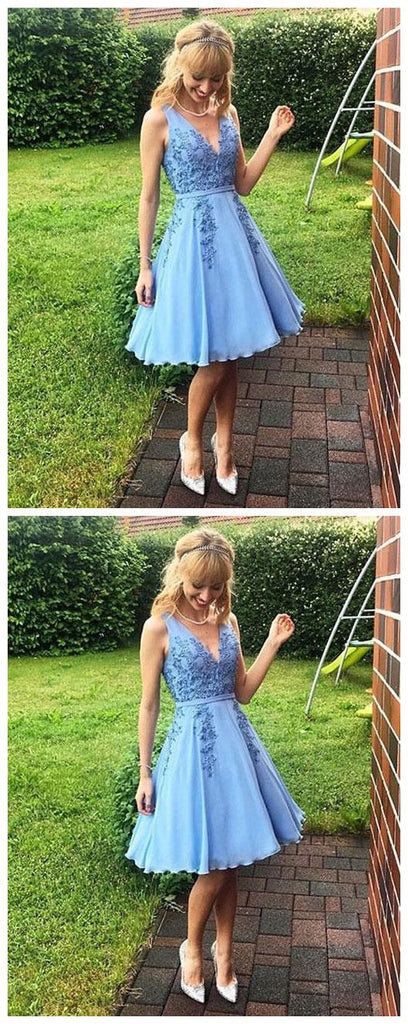 Simple Blue V-Neck Lace Cheap Short Homecoming Dress With Lace Appliques DMC42