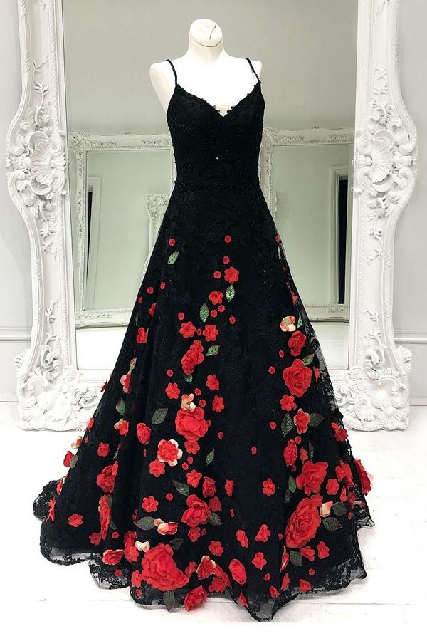 A-Line Spaghetti Straps Black Sweep Train A Line Prom Dress with Flowers DMI74