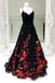 A-Line Spaghetti Straps Black Sweep Train A Line Prom Dress with Flowers DMI74