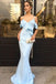 Mermaid Spaghetti Straps Light Blue Satin Long Prom Dress with Ruffles DMF6