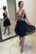 Black Floral A Line V Neck Cheap Chiffon Short Prom Dresses DMB86