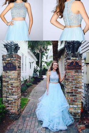 Fashion Two Pieces Light Blue Lace Tulle Ruffles A-line Prom Dress For Teens DM694