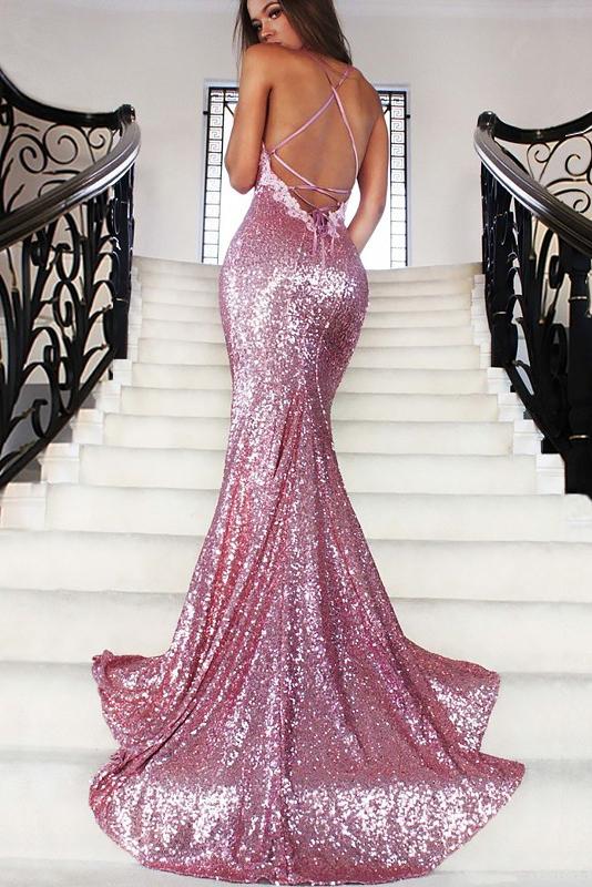 Charming Mermaid V-neck Spaghetti Straps Sleeveless Sequins Dresses DMB96