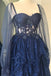Navy Blue A line Lace Long Sleeves Prom Dresses Formal Evening Dresses with Slit DMP238