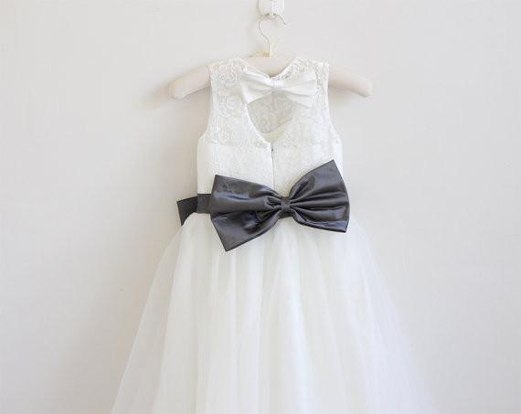 Light Ivory Lace Tulle Long Sleeveless Flower Girl Dress With Dark Grey Sash/Bows DM212