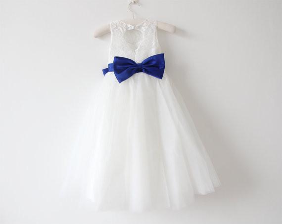 Light Ivory Lace Tulle Flower Girl Dress With Royal Blue Sash/Bows Sleeveless Floor-length DM215