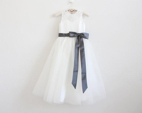 Light Ivory Lace Tulle Long Sleeveless Flower Girl Dress With Dark Grey Sash/Bows DM212