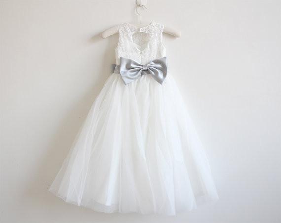 Light Ivory Lace Tulle Sleeveless Long Flower Girl Dress With Silver Sash/Bowss DM214