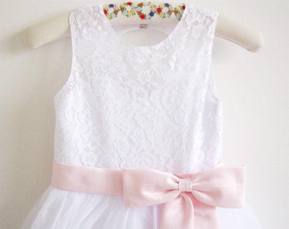 White Lace Flower Girl Dress Pink Sash Baby Girls Dress Lace Tulle White Flower Girl Dress DM210