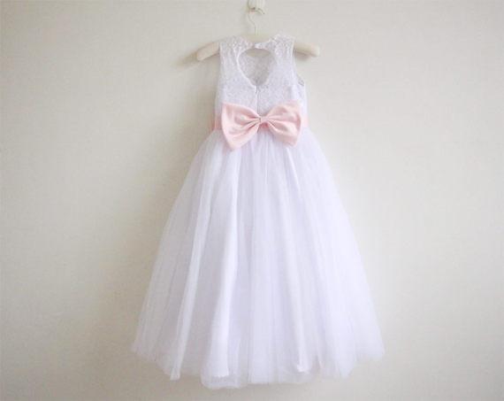 White Lace Flower Girl Dress Pink Sash Baby Girls Dress Lace Tulle White Flower Girl Dress DM210
