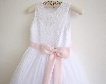 White Lace Flower Girl Dress Pink Sash Baby Girls Dress Lace Tulle White Flower Girl Dress DM210
