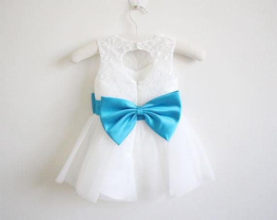 Light Ivory Blue Ribbon Lace Tulle Flower Girl Dress With Blue Sash/Bows DM209