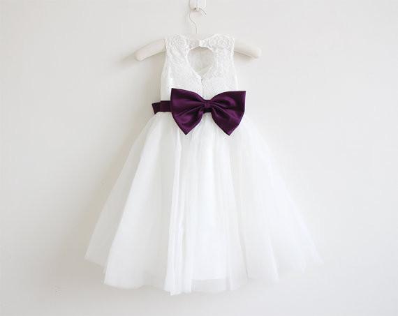 Light Ivory Lace Tulle Sleeveless Floor-length Flower Girl Dress With Eggplant Sash/Bows  DM213