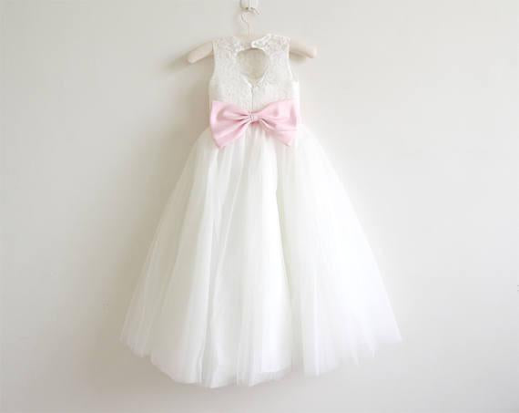 Ivory Lace Tulle Ivory Flower Girl Dress With Pink Sash/Bows Sleeveless Floor-length DM207