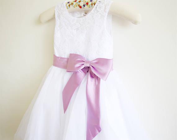 White Lace Lilac Baby Girls Dress, Tulle Flower Girl Dresses With Lilac Sash DM203