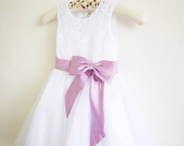 White Lace Lilac Baby Girls Dress, Tulle Flower Girl Dresses With Lilac Sash DM203