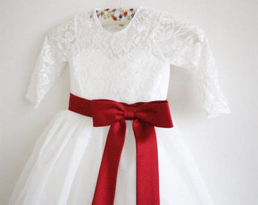 Long Sleeves Ivory Burgundy Sash Bows Lace Tulle Flower Girl Dress DM211
