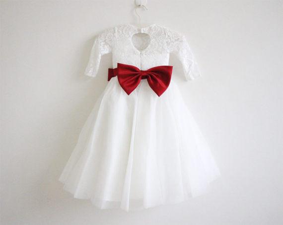 Long Sleeves Ivory Burgundy Sash Bows Lace Tulle Flower Girl Dress DM211