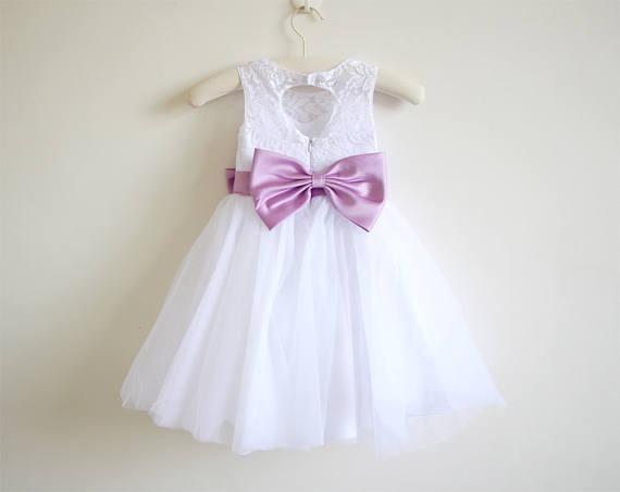 White Lace Lilac Baby Girls Dress, Tulle Flower Girl Dresses With Lilac Sash DM203