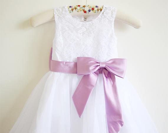 White Lace Lilac Baby Girls Dress, Tulle Flower Girl Dresses With Lilac Sash DM203