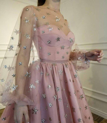 Sparkle Long Sleeve Short Unique Sheer Neck Stars Mini Homecoming Dress DMD50