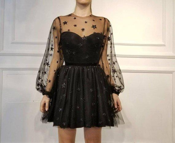 Sparkle Long Sleeve Short Unique Sheer Neck Stars Mini Homecoming Dress DMD50