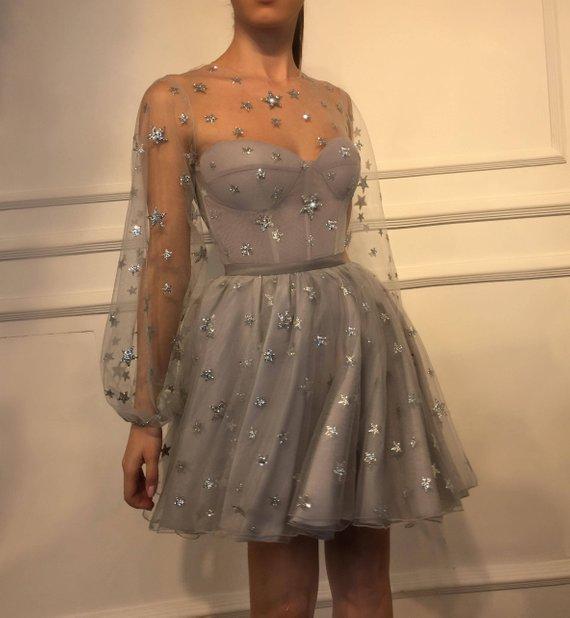 Sparkle Long Sleeve Short Unique Sheer Neck Stars Mini Homecoming Dress DMD50